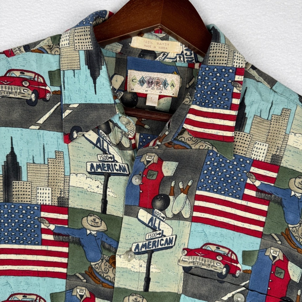 Vtg Campia Moda Mens L Rayon Americana USA Novelty Patriotic SS Button Up Shirt